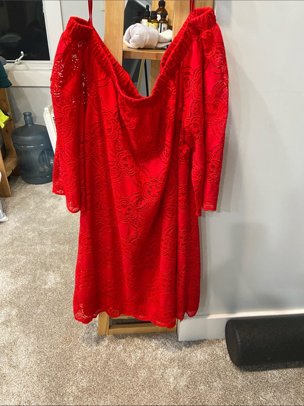 Tiana B. Lace Off the Shoulder Dress Scallop Hem Bell Sleeve Red  14